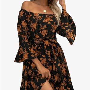 Elegant Floral Long Sleeve Dress in Black and Orange